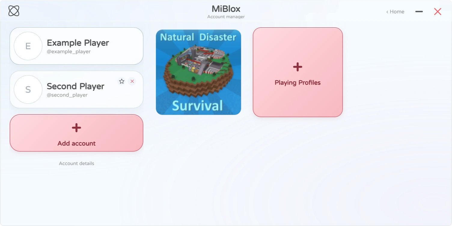MiBlox Account manager with account cards and a saved playing profile