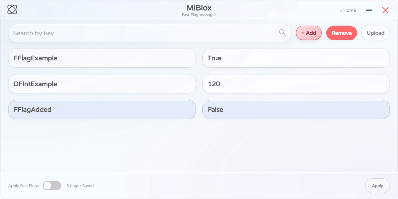MiBlox Fast Flag manager with search, flag values, Add, Remove, Upload and Apply controls