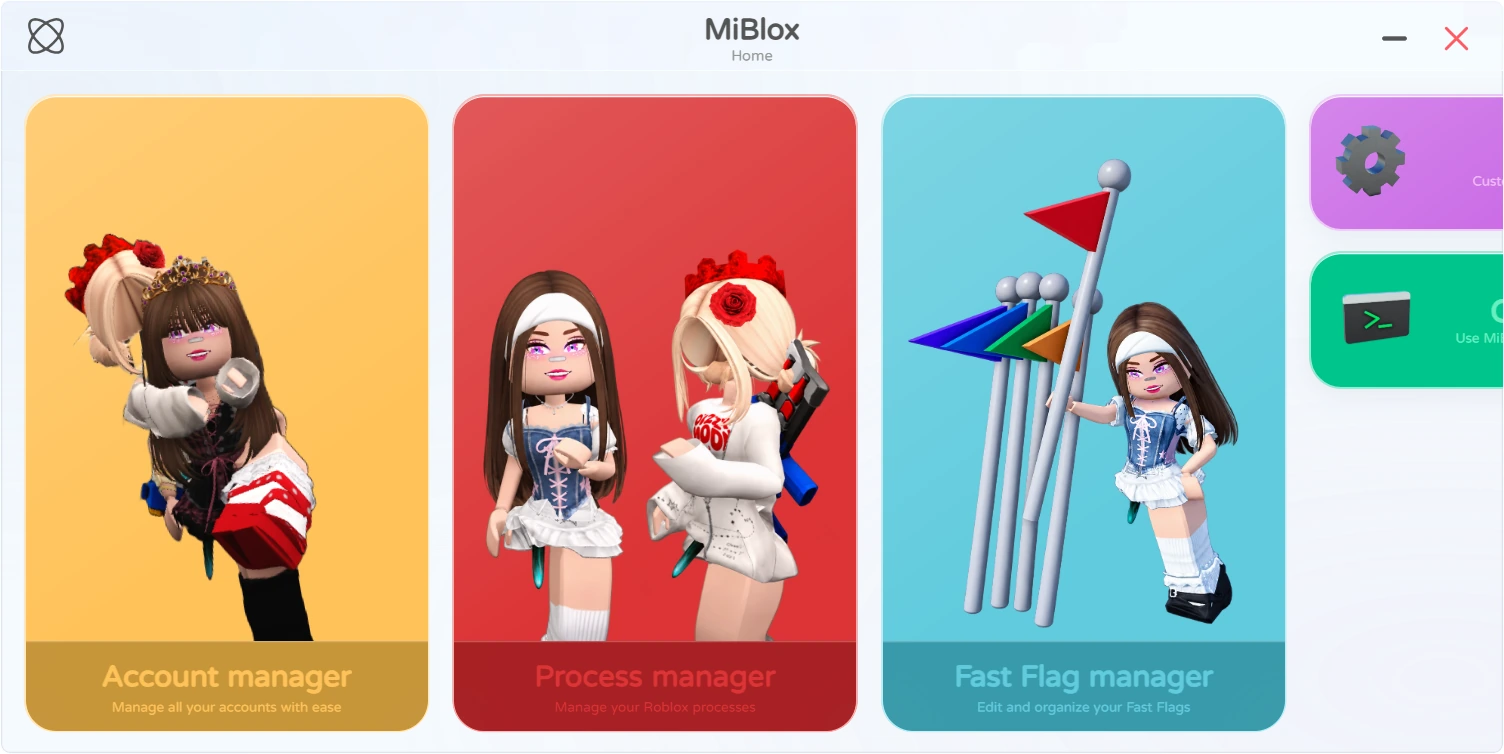 MiBlox home screen with Account manager, Process manager and Fast Flag manager cards