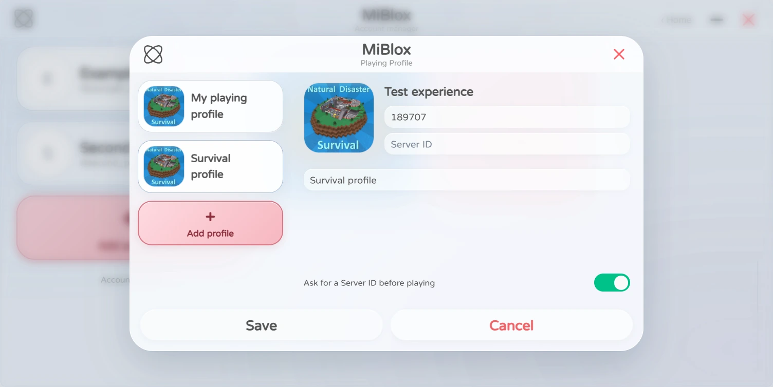 MiBlox Playing Profile dialog with Place ID, Server ID, custom name and server prompt toggle