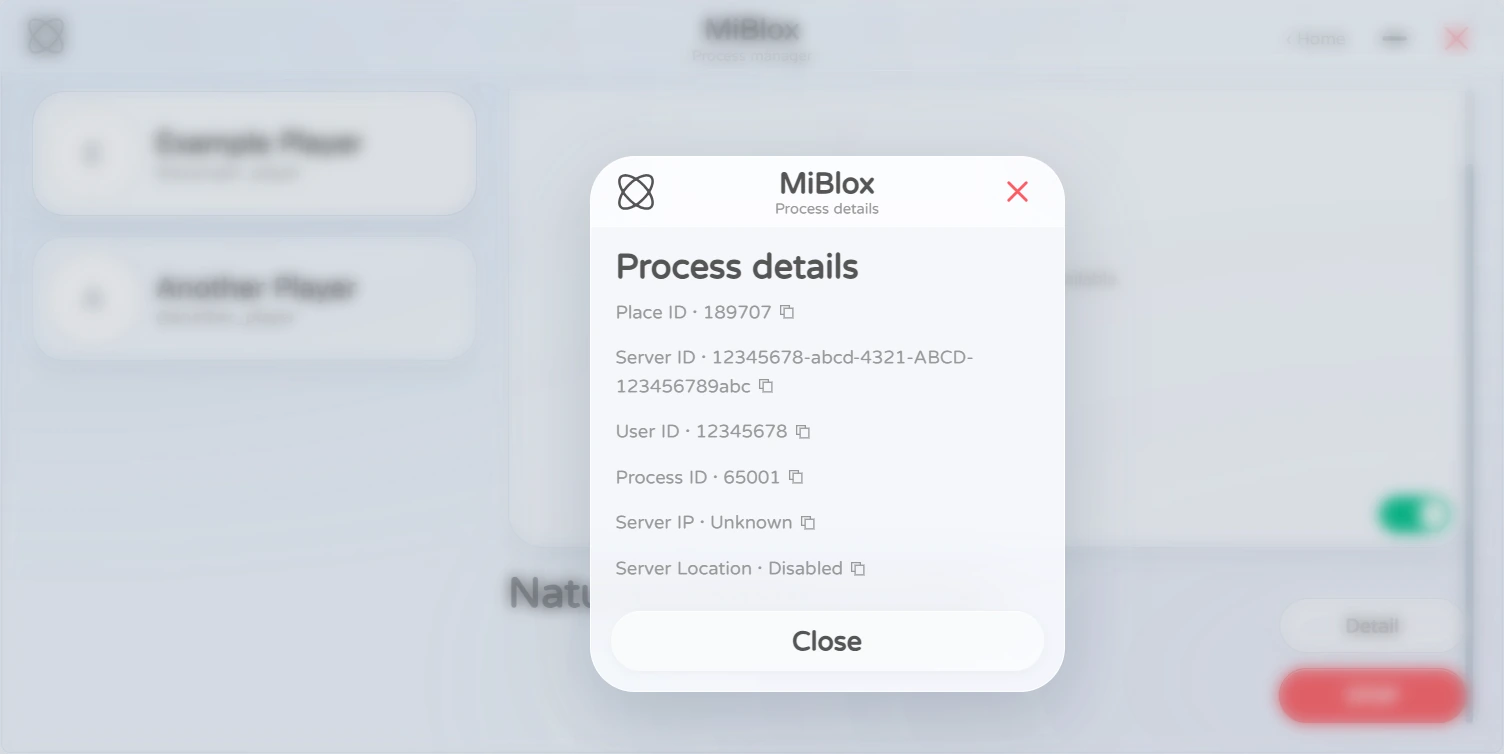 MiBlox Process details dialog showing Place ID, Server ID, User ID and process ID