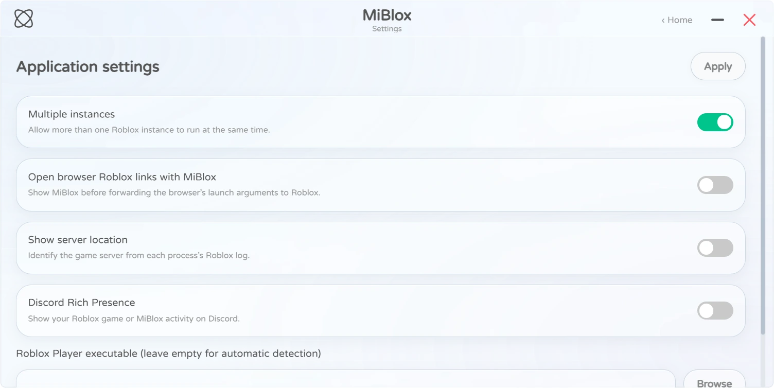 MiBlox Settings showing the Discord Rich Presence option and its toggle